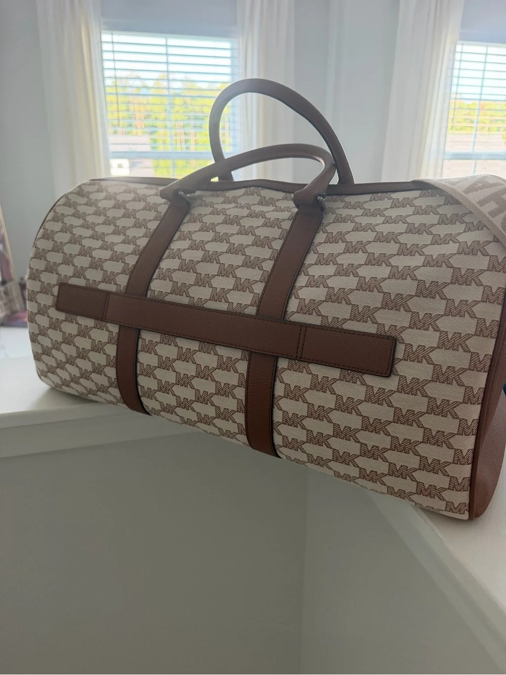 Michael Kors Cream & Brown Logo Duffel Bag with Branded Strap